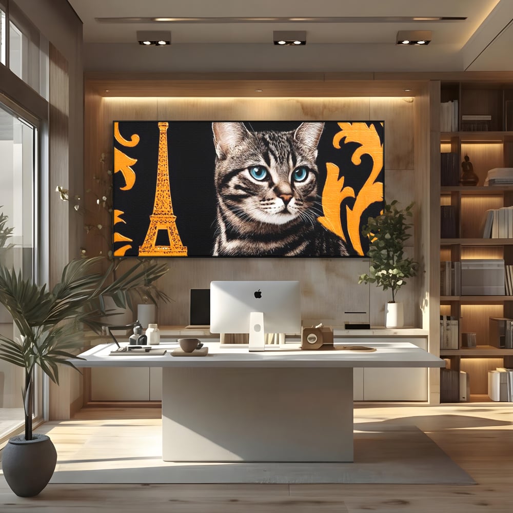 Tablou canvas cu tablou canvas cu pisica si turnul eiffel, in rama de aluminiu negru, pe perete intr-un birou